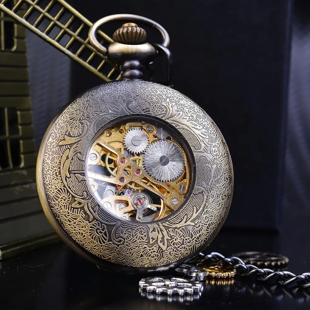Vintage Bronze Tone Mechanical Pocket Watch FOB Chain Hollow Hunter Steampunk Skeleton Men Women Male Roman Analog Clock Watches | Наручные