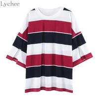 lychee summer women stripe t shirt color block patchwork casual loose short sleeve t shirt tee top female