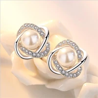 charm pearl crystal flower shaped female stud earrings girl jewelry fashion silver plated earrings women bijou hot