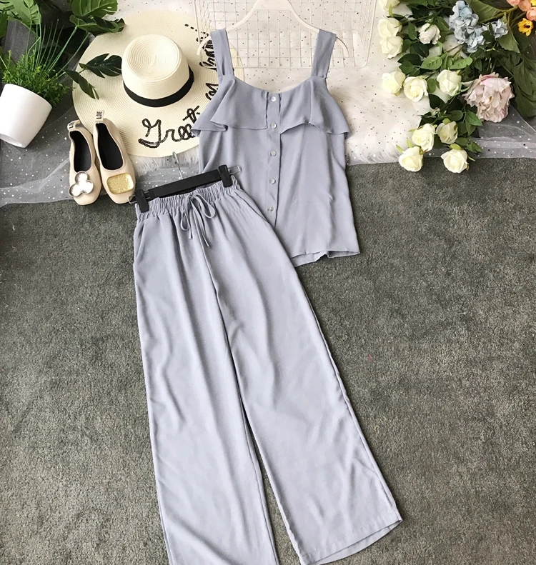 ALPHALMODA/ летний однобортный Топ с оборками+ широкие брюки, Женский повседневный комплект из 2 предметов, женские летние однотонные штаны, костюмы