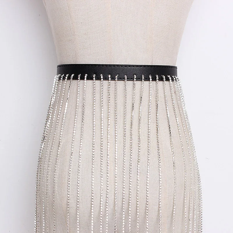 TOYOOSKY 2019 Sexy Women Belts For Bling Bling Long Drill Tassels Lady  PU Waist Black Belts of Party Nightclub for Jeans Dress