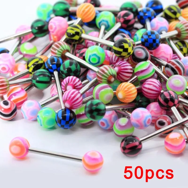50pcs Недавно 10/20/30/50/100 шт двойной акриловый шар язык пирсинг из нержавеющей стали королевская подвеска защитной штангой(вилка, украшения для пирсинга - Окраска металла: 50pcs