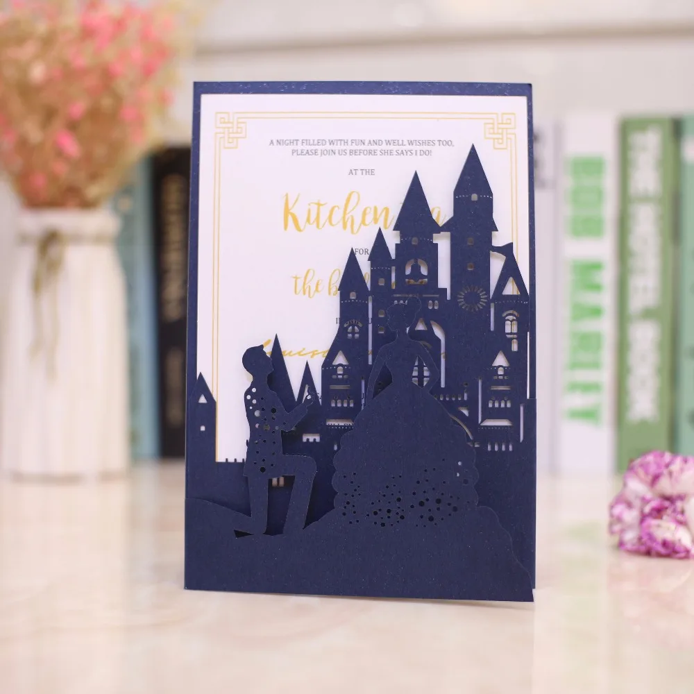 10 шт./лот pocketfold свадебные пригласительные карты три Сложенные и лазерной резки замок карман поздравительные открытки, приглашения Обложка для вечерние
