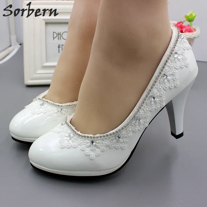 8cm Heel Sorbern/свадебные туфли без шнуровки, украшенные кристаллами; женские туфли-лодочки с кружевной аппликацией; свадебные туфли на шпильке; туфли на высоком каблуке для подружки невесты; 3 см; 5 см; 8 см - Цвет: 8cm Heel