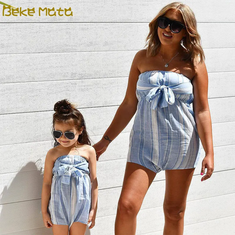 Семейные комплекты Лето 2018 One-Shoulder Striped одежда Мама и я хлопковая семейная для
