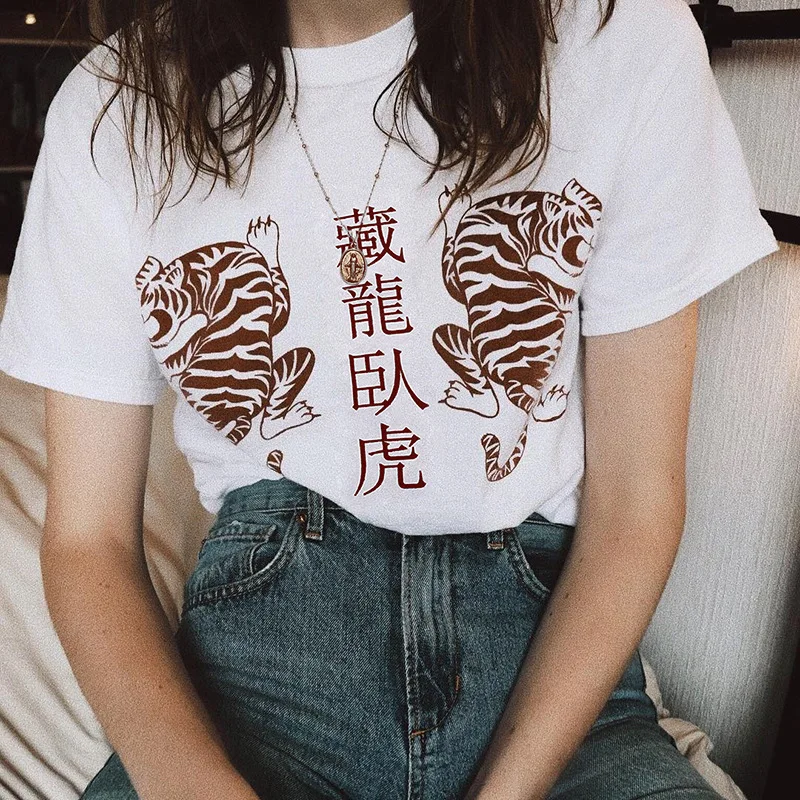 Tops Hot Tees Tiger Print Cotton T-shirt Women shirt Crouching Hidden Dragon Short Sleeve O-neck Casual Girls Top Shirt | Женская одежда