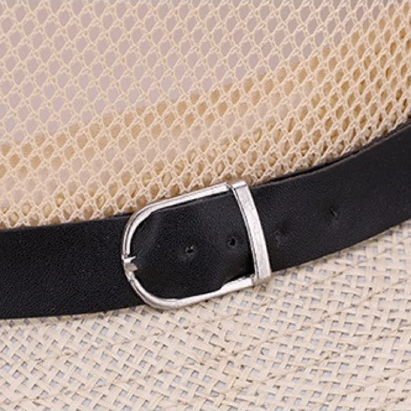 Мужские летние льняные вязаные фетры с кожаным ремнем дышащая сетка