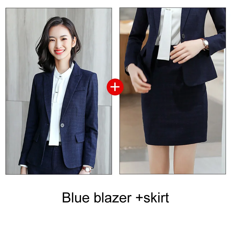 blue skirt suit Комплект из 2 предметов, элегантные фиолетовые строгие брюки в клетку, костюм, Офисная женская форма, дизайн для женщин, деловой костюм в деловом стиле - Цвет: blue skirt suit