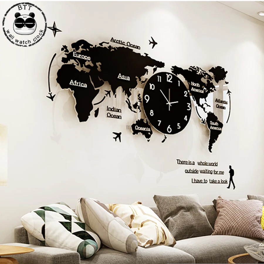 

Large World Map Wall Clock 3D Stickers Hanging Clock Glowing in Dark Modern Design Watch wall clock Home Decor
