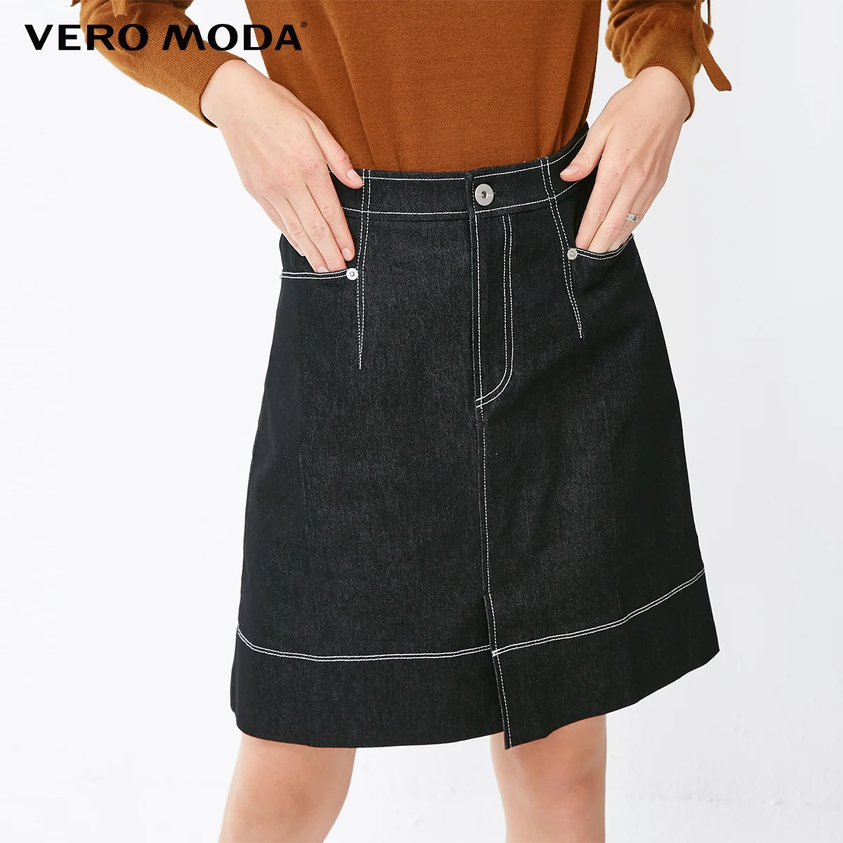 Vero Moda Новая женская OL Стиль Высокая талия видимые стежки мини джинсовая юбка | 318337508 - Цвет: Indigo blue denim