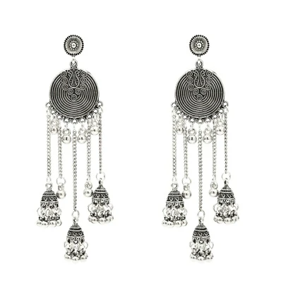 Silver Индийские окисленные серьги Jhumka Jhumki, индийские ювелирные изделия для женщин, золотые, серебряные, длинные серьги с кисточками, с ушками, для афганского, египетского, турецкий Цыганский - Окраска металла: Silver