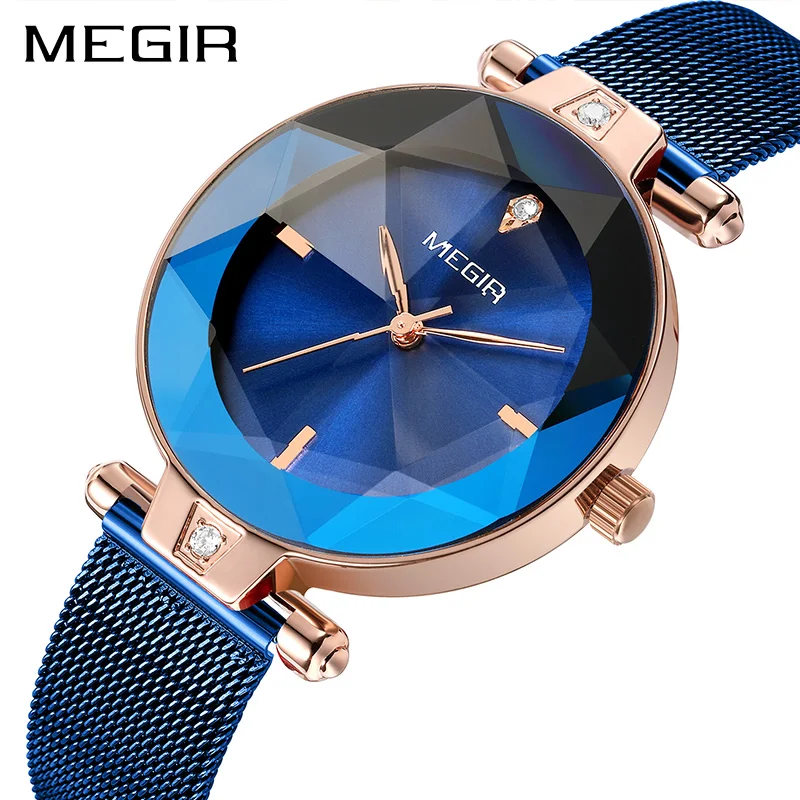 MEGIR роскошные женские часы Reloj Mujer синие сетчатые из нержавеющей стали элегантные