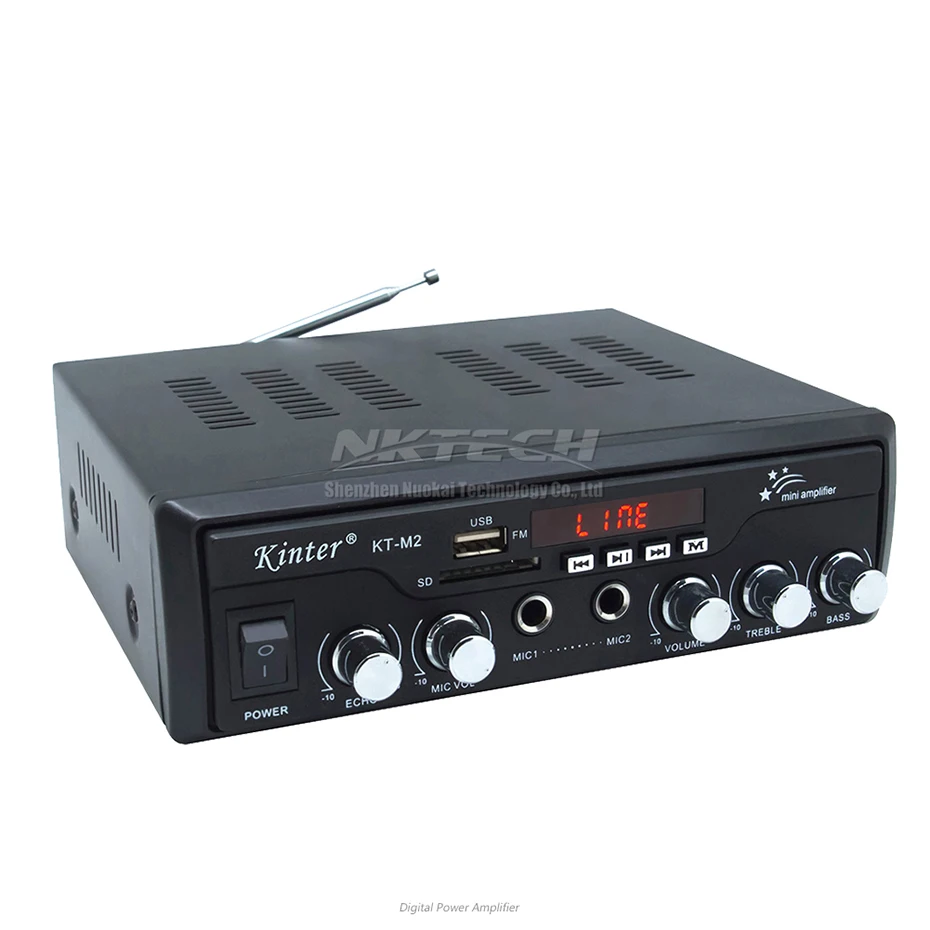 Усилитель мощности Kinter KT-M2 цифровой аудио видео плеер 2x25 Вт Hi-Fi стерео 2x микрофон бас USB SD MP3 FM DC12V 220-240 в караоке MP4