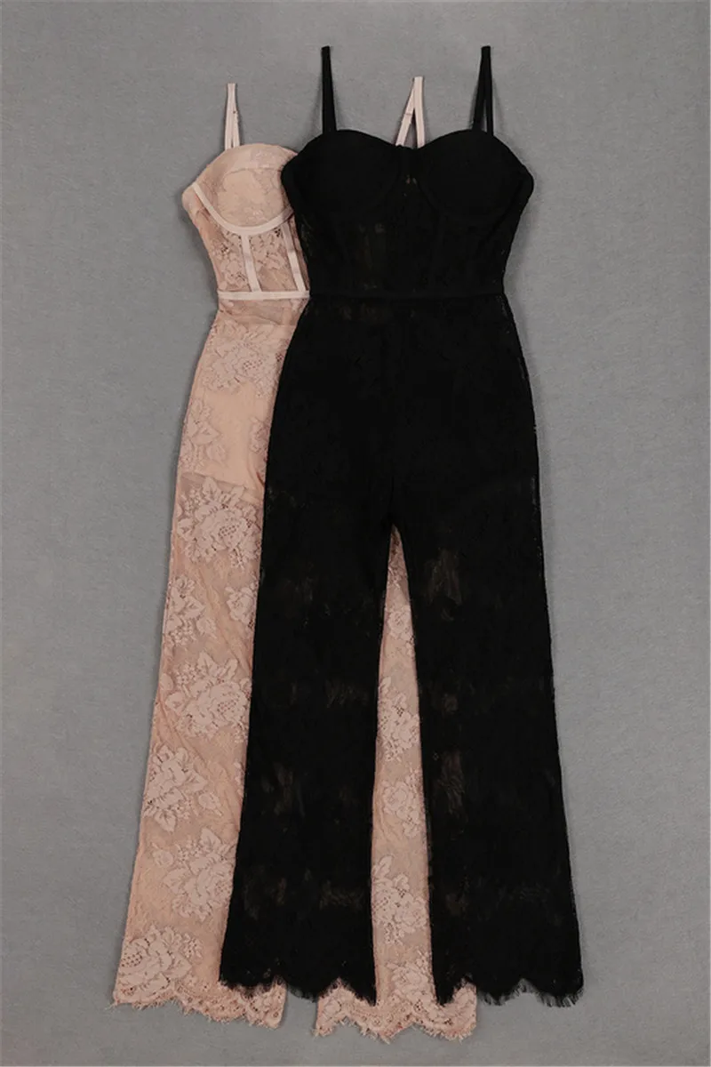 Комбинезон женский черный/хаки однотонный кружевной бандажный комбинезон без