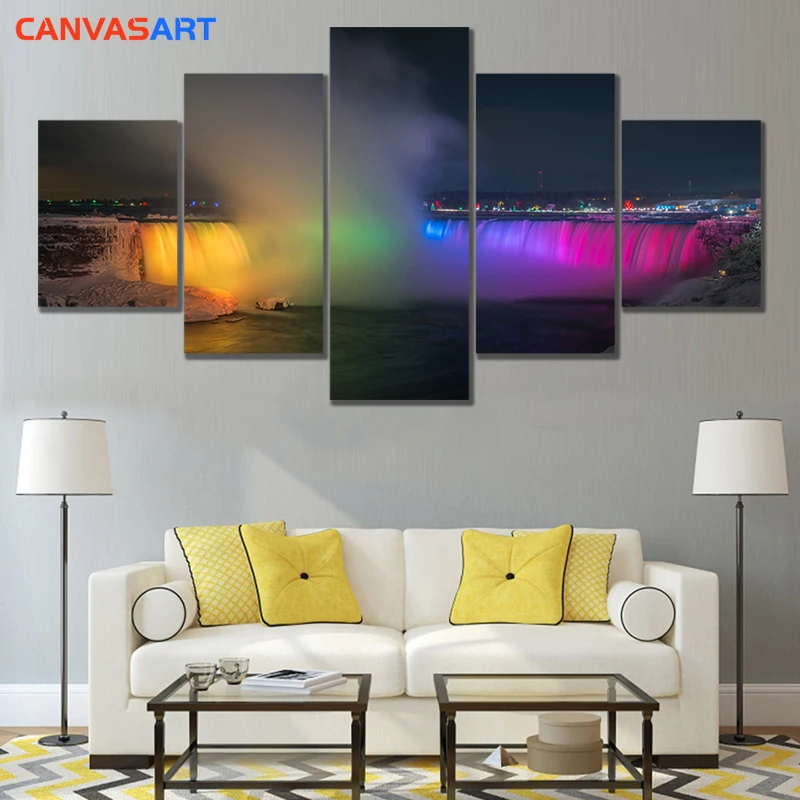 Холст искусство 5 шт. картины Ниагара Фолс Радужный водопад на ночь для гостиной