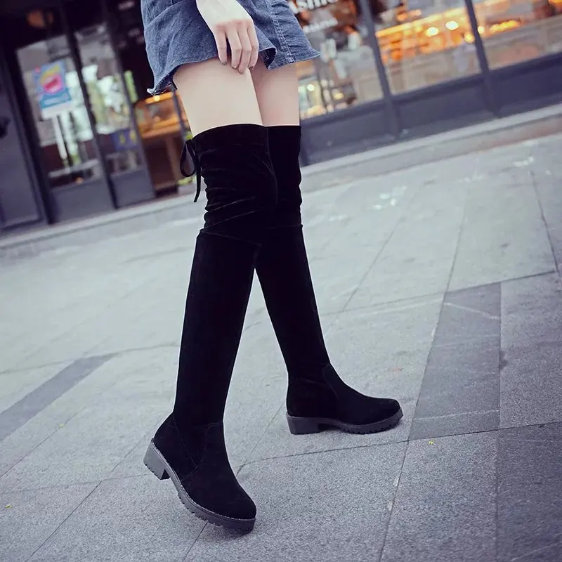 Женские сапоги Челси выше колена из флока с круглым носком на низком