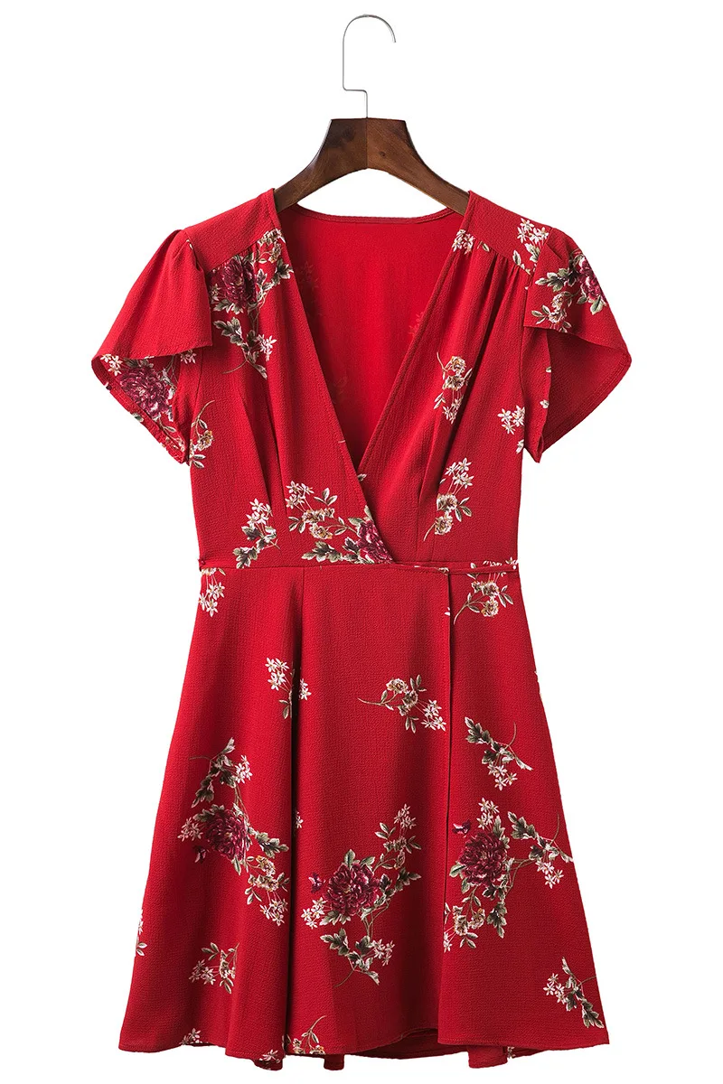Женские летние платья Boho пляж печати платье Сарафан v-образным вырезом с коротким
