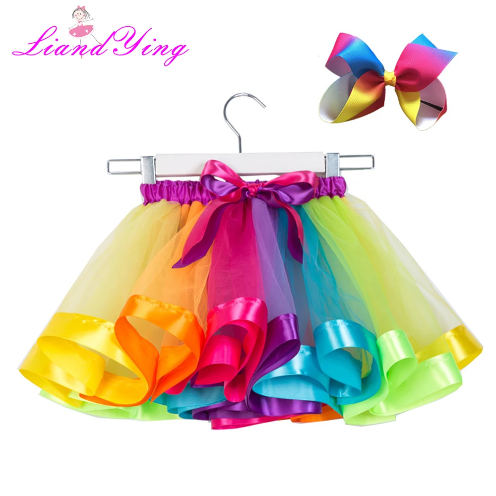 

New Girls Rainbow Tutu Skirts Baby Handmade Tulle Pettiskirt With Bow and Free Hairband Kids Ballet Dance Skirt