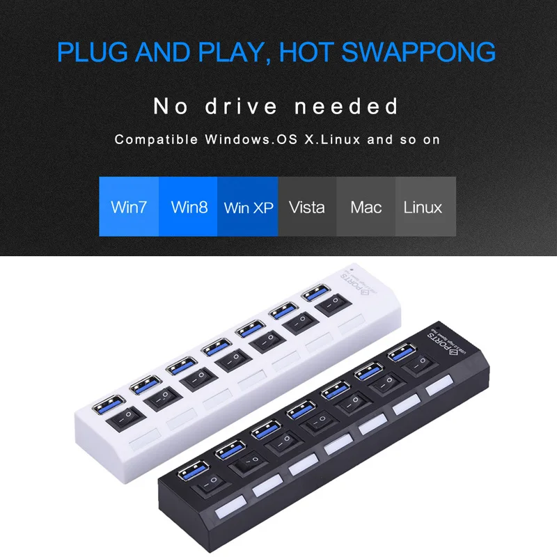USB Hub 3 0 высокоскоростной 5 Гбит/с 7 портовый концентратор разветвитель вкл/выкл