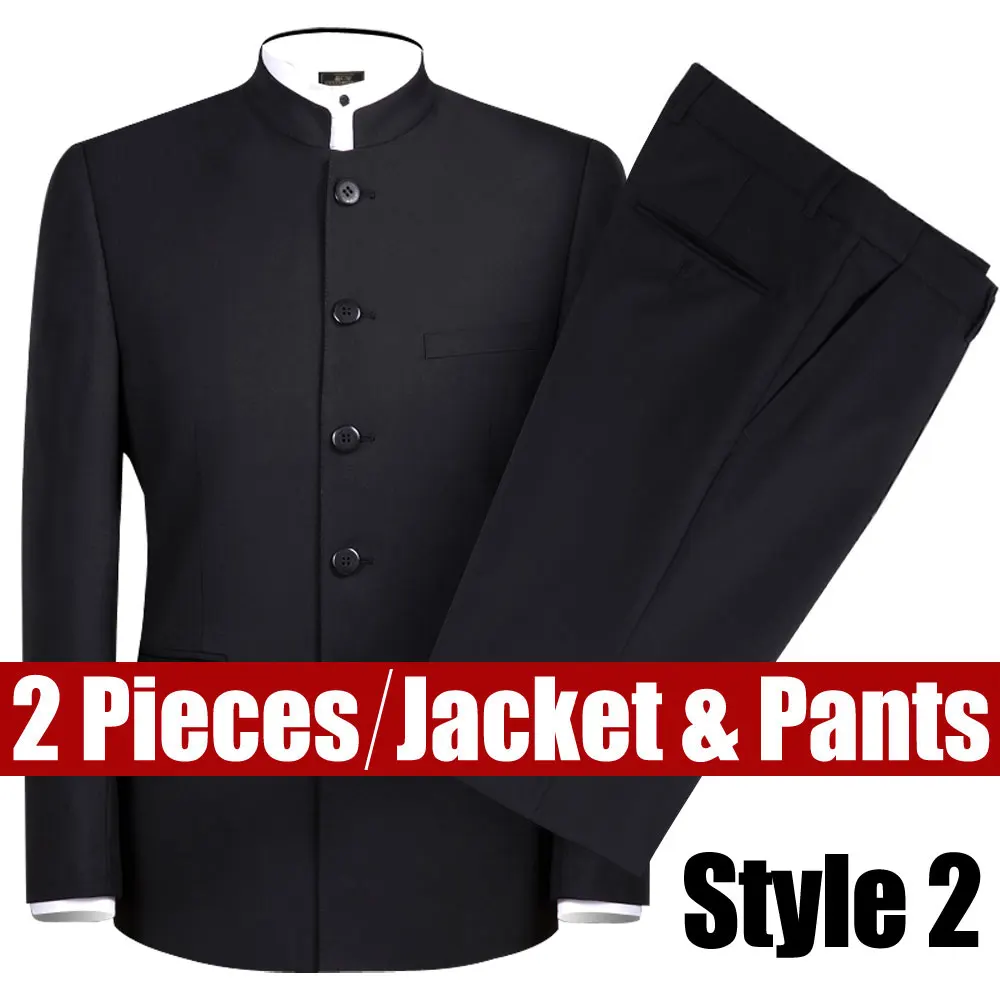 Style2 Мужской однобортный костюм с вышивкой, костюм дракона, Модный китайский костюм-туника, мужской повседневный черный пиджак и брюки - Цвет: Style2