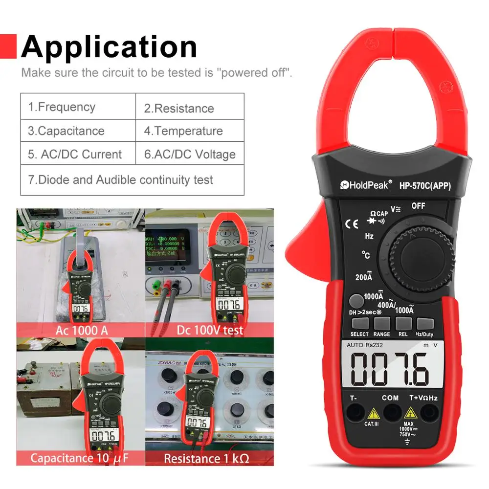 HoldPeak цифровой клещи HP 570C APP 1000A AC/DC Ток Напряжение емкость температура мультиметр