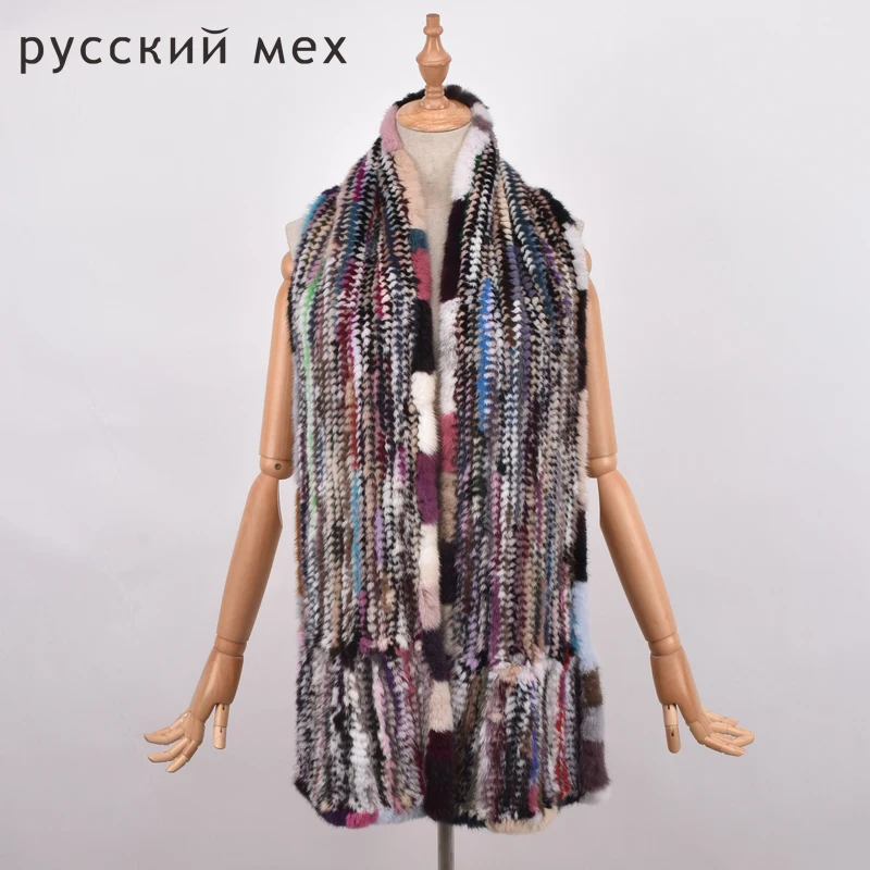 

Long 180cm Women Knitted Mink Fur Scarf Hand Fur Muffler Luxury Real Mink Fur Neck Warmer Women Stole multicolor Fur Shawl