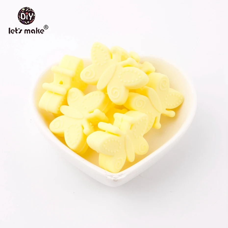 butterfly yellow Давайте изготовим Силиконовые Прорезыватели в виде бабочек, 10 шт., без бисероплетения, силиконовые бусины, картонная коробка, сделай сам, мобильная детская коляска, Детские Прорезыватели - Цвет: butterfly yellow