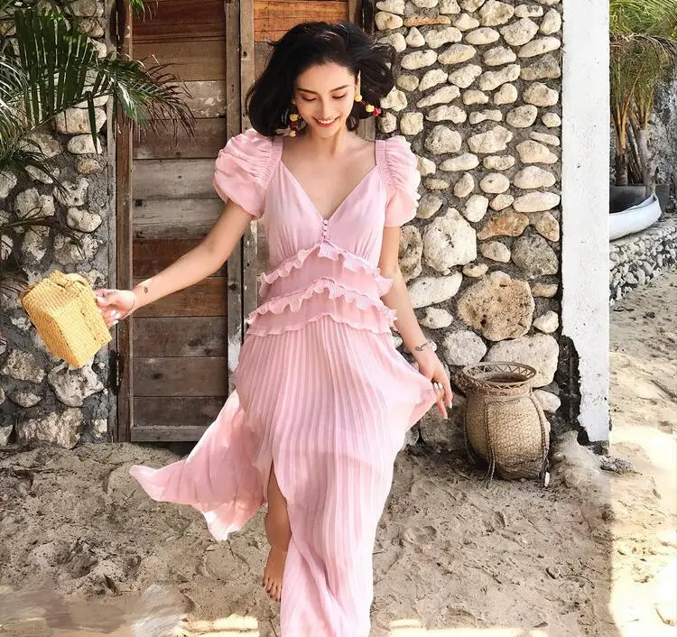 Новое поступление 2019 розовое шифоновое платье с рукавами фонариками женское