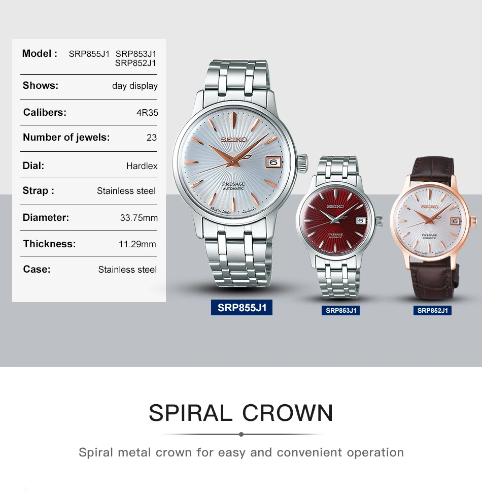 Оригинальные женские часы Seiko, серия Presage, 5 бар, водонепроницаемые, Деловые женские часы, кожаный ремешок из нержавеющей стали, глобальная гарантия