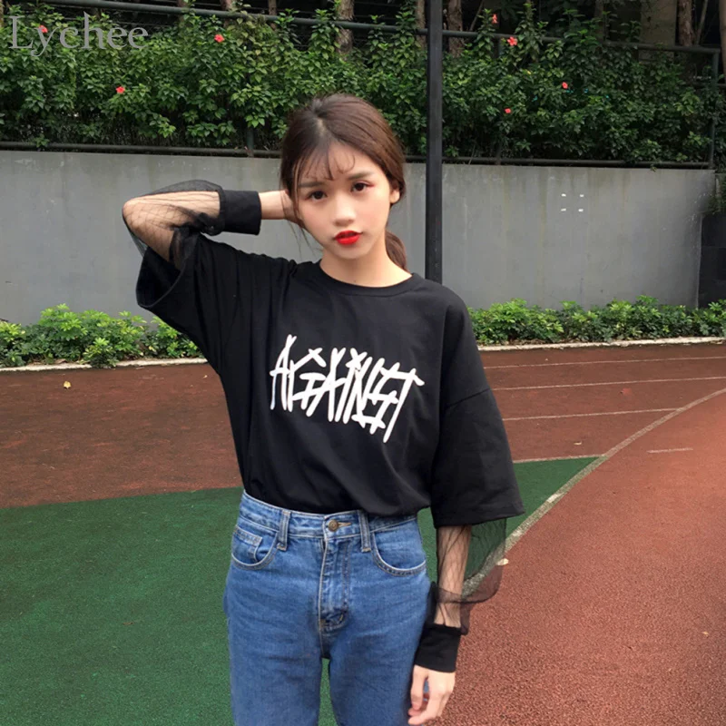 Lychee Harajuku женские футболки письмо сетки лоскутное с длинным рукавом футболка весна осень футболка Топ