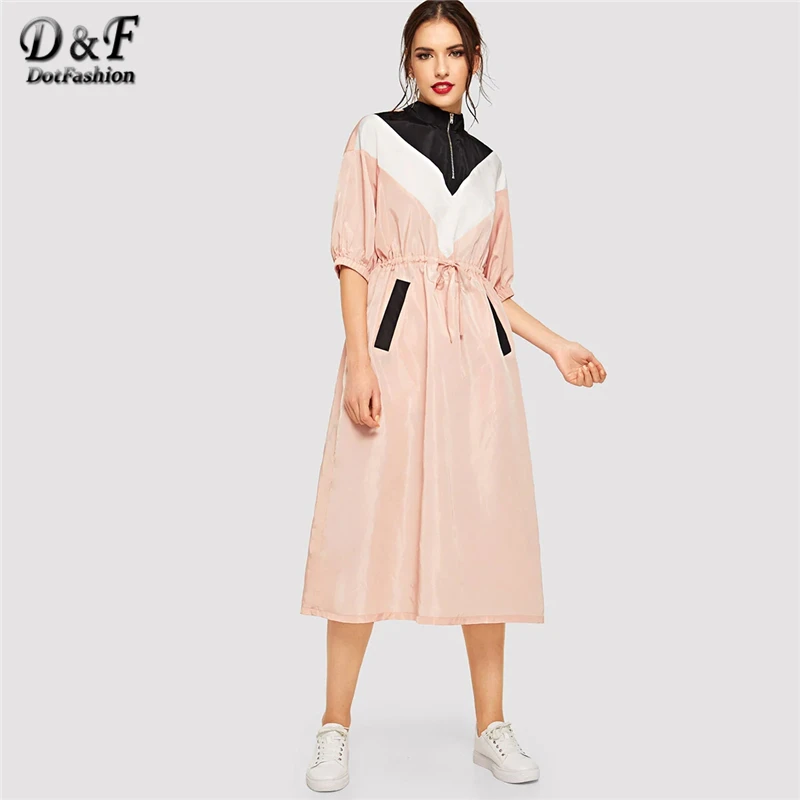 Dotfashion, розовое, на молнии, с завязками спереди, на талии, цветное платье, для женщин, весна, уличная одежда, повседневное, короткий рукав, стоячий воротник, платье