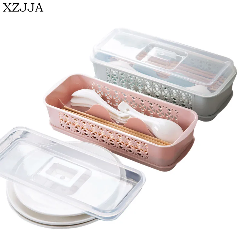 XZJJA двухслойная сливная палочка для еды коробка для хранения Ложка Вилка коробка для посуды стеллаж для хранения с крышкой пылезащитный кухонный органайзер для инструментов