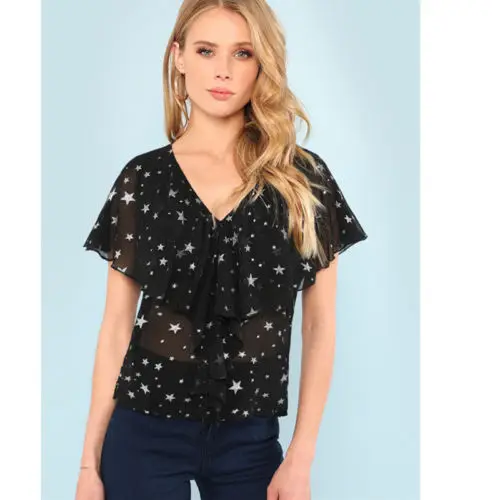 

Fashion Women's Ladies Summer Short Sleeve Shirt Summer Women Casual Chiffon Top Clothes Vitas Print V-neck Print Clothing