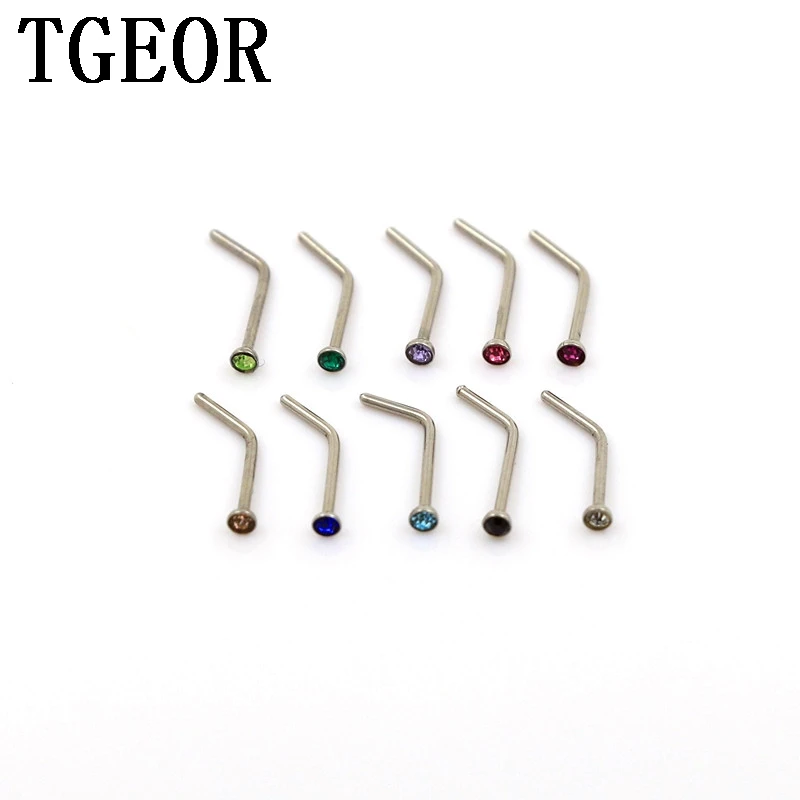 

Free shipping Hot wholesale 20G 200pcs nose stud Stainless Steel curved gem round crystals piercing nose ring
