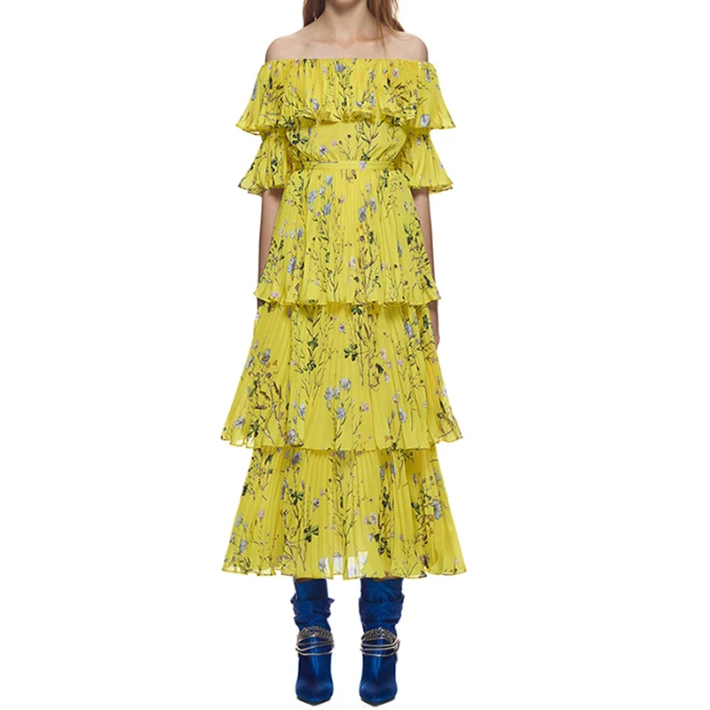 Женское длинное пляжное платье с открытыми плечами Boho желтое элегантное