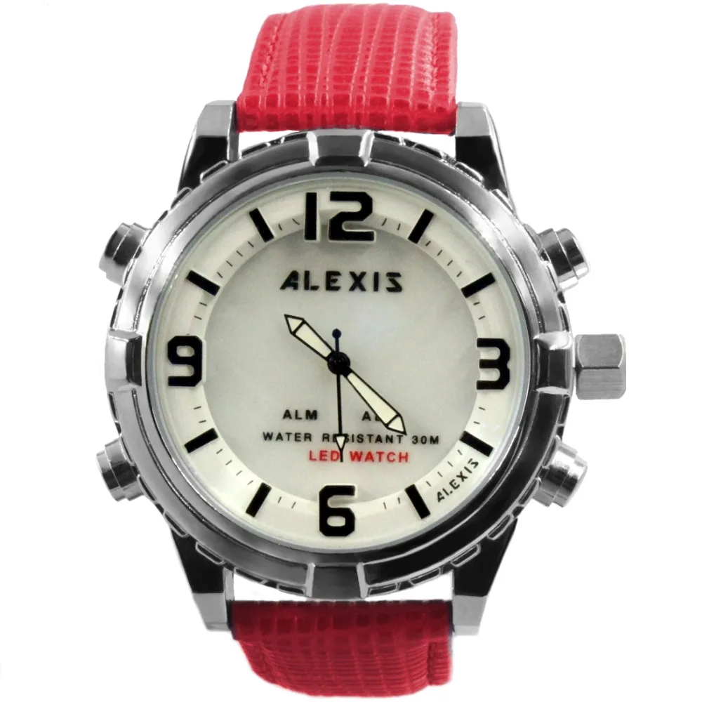 Часы Alexis Fashion Мужские водонепроницаемые LED andigit с кожаным ремешком черный белый