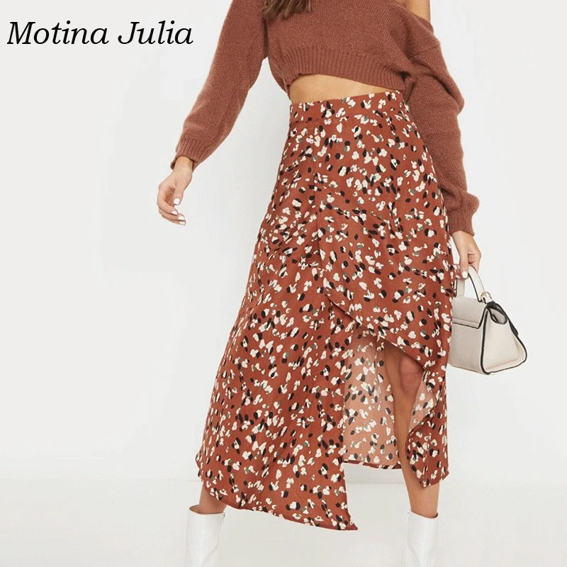 Motina Юлия 2019 Лето chic печати юбка нижняя уличная ассиметричное миди юбка|Женские