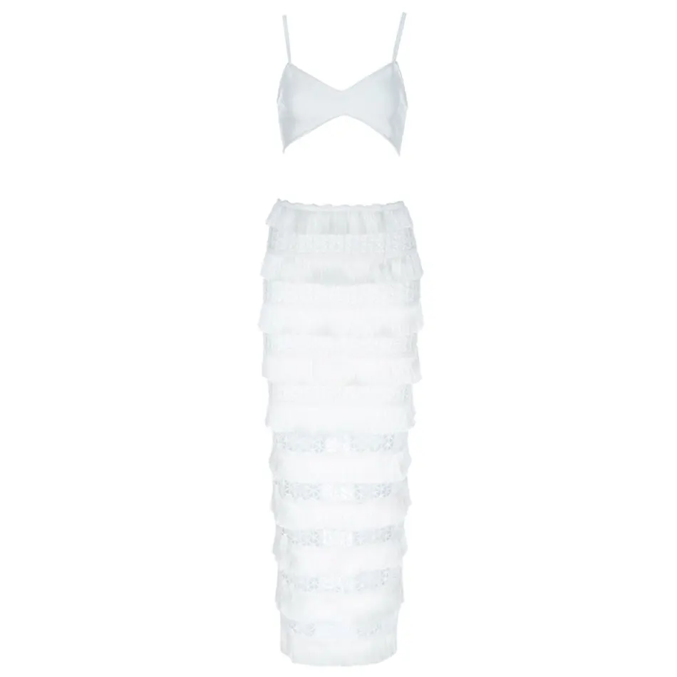 DressBird Women Summer Dress Bodycon Vestidos Sexy 2 Two pieces Set Elegant O Neck Spaghetti Strap Tassels White Celebrity |