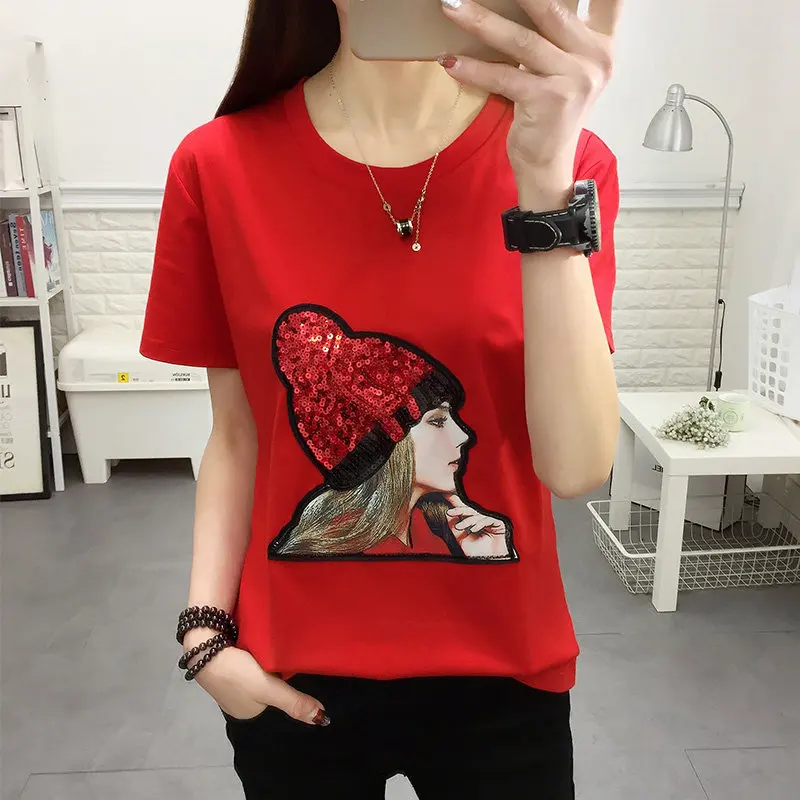 Женская летняя футболка с блестками и коротким рукавом модель 2019|Футболки| |