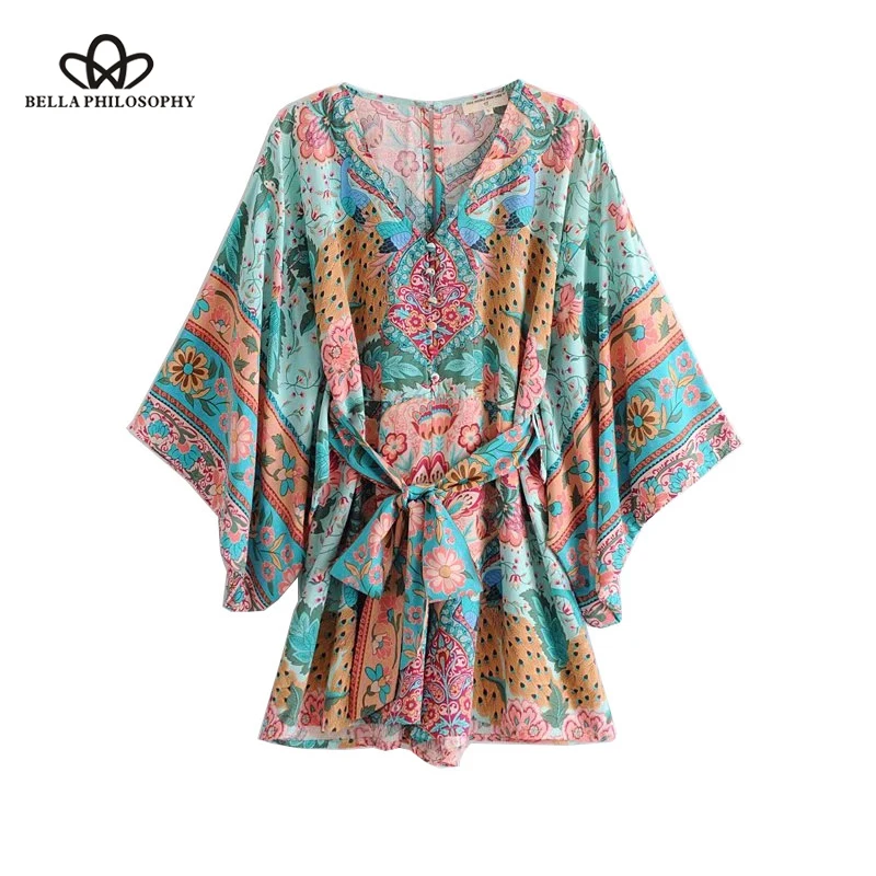 Bella Philosophy Boho шикарный летний павлин цветочный принт пояса комбинезоны для женщин с v-образным вырезом кимоно рукав пляжные комбинезоны топы