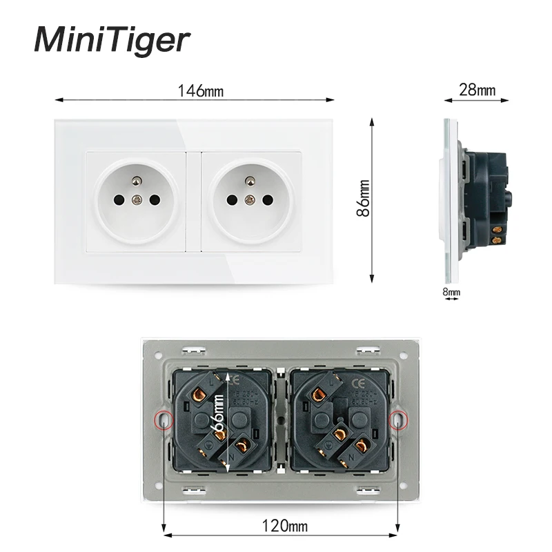 Двойная настенная розетка Minitiger 16 А с заземлением защитой от детей | Обустройство