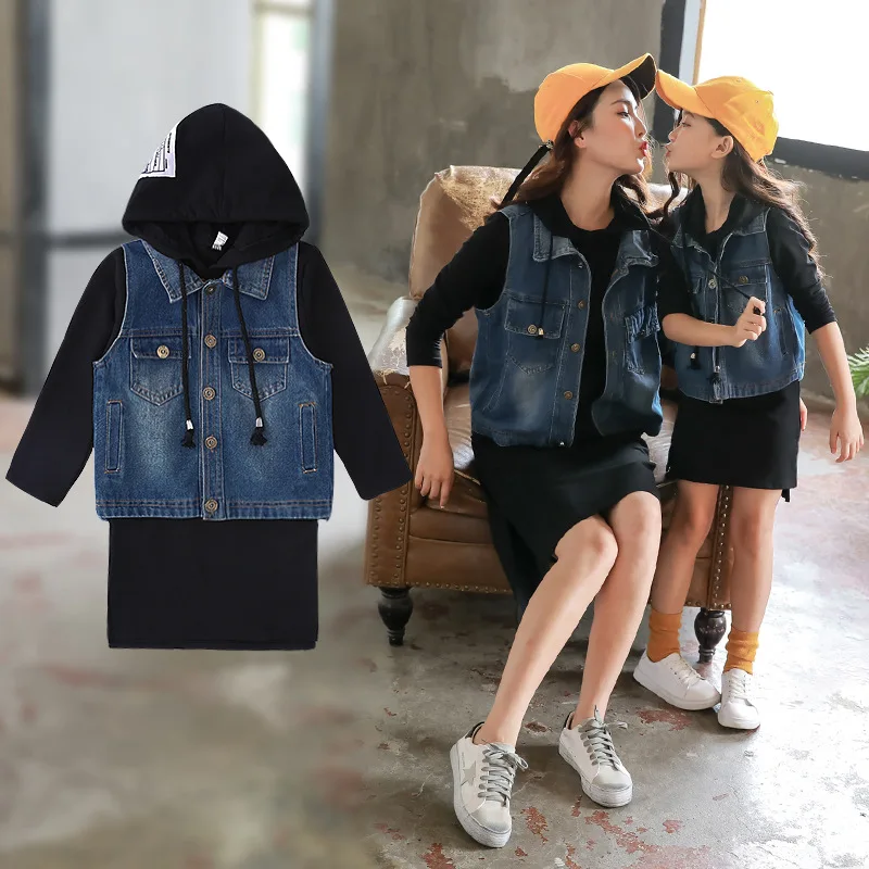 Семейные комплекты Платье свитер с длинными рукавами для семьи Джинсовый жилет