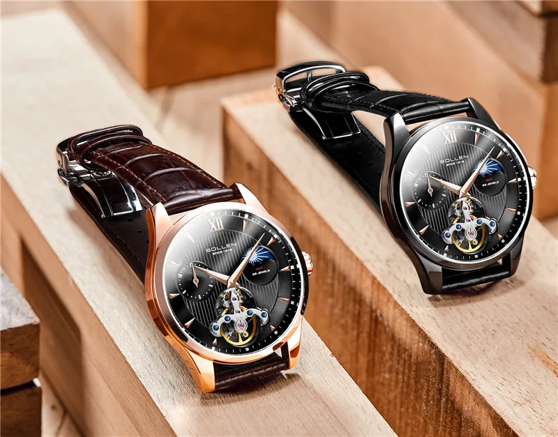 Мужские механические Спортивные часы с автоподзаводом и кожаным ремешком |