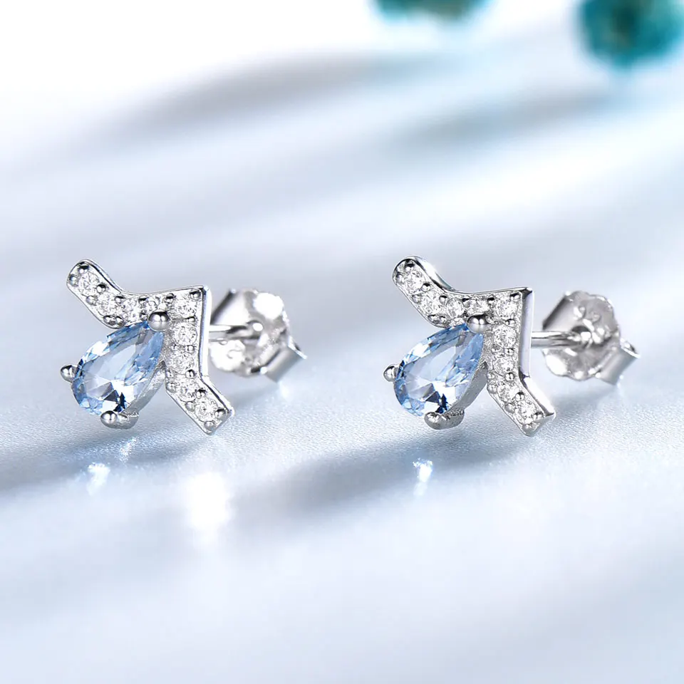 UMCHO Real 100% 925 Sterling Silver Jewelry Pear Created Sky Blue Topaz Stud Earrings For Women Wedding Gift Fine | Украшения и