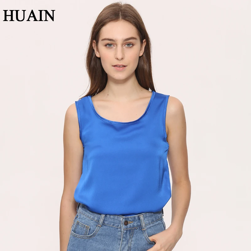 Атласный топ Для женщин майка рубашка без рукавов Фитнес женские новые летние Мода 2017 г. круглым вырезом