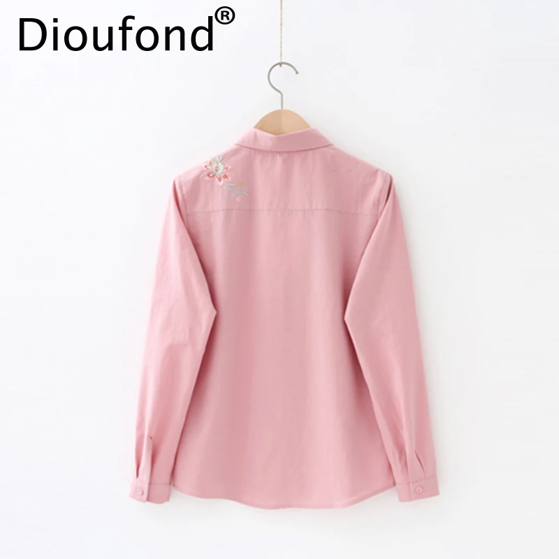 Dioufond 2017 осенние модные женские блузки с цветочной вышивкой Однотонная рубашка