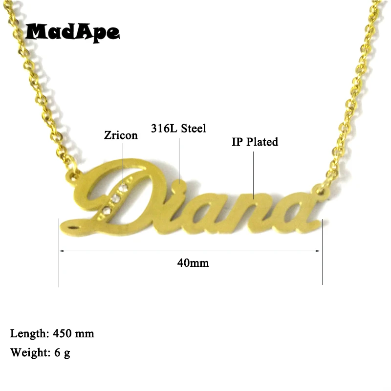 

MadApe Custom Personalized Name Necklace Stainless Steel Letter "Diana Pendant Chain Customized Any Name Necklace For Women Gift