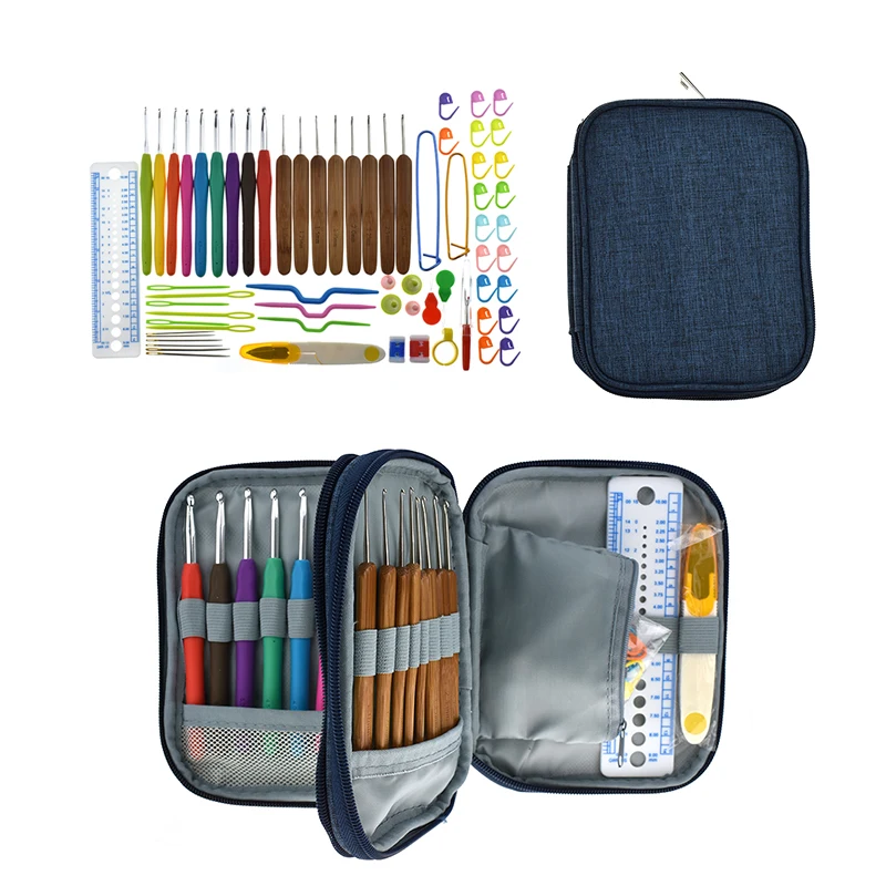 Набор крючков для вязания крючком с синим ковбойским мешком Бамбуковые Спицы