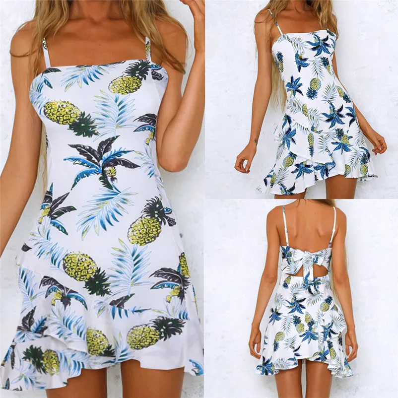 Модное летнее платье 2019 пляжное женское мини без рукавов с принтом ананасов