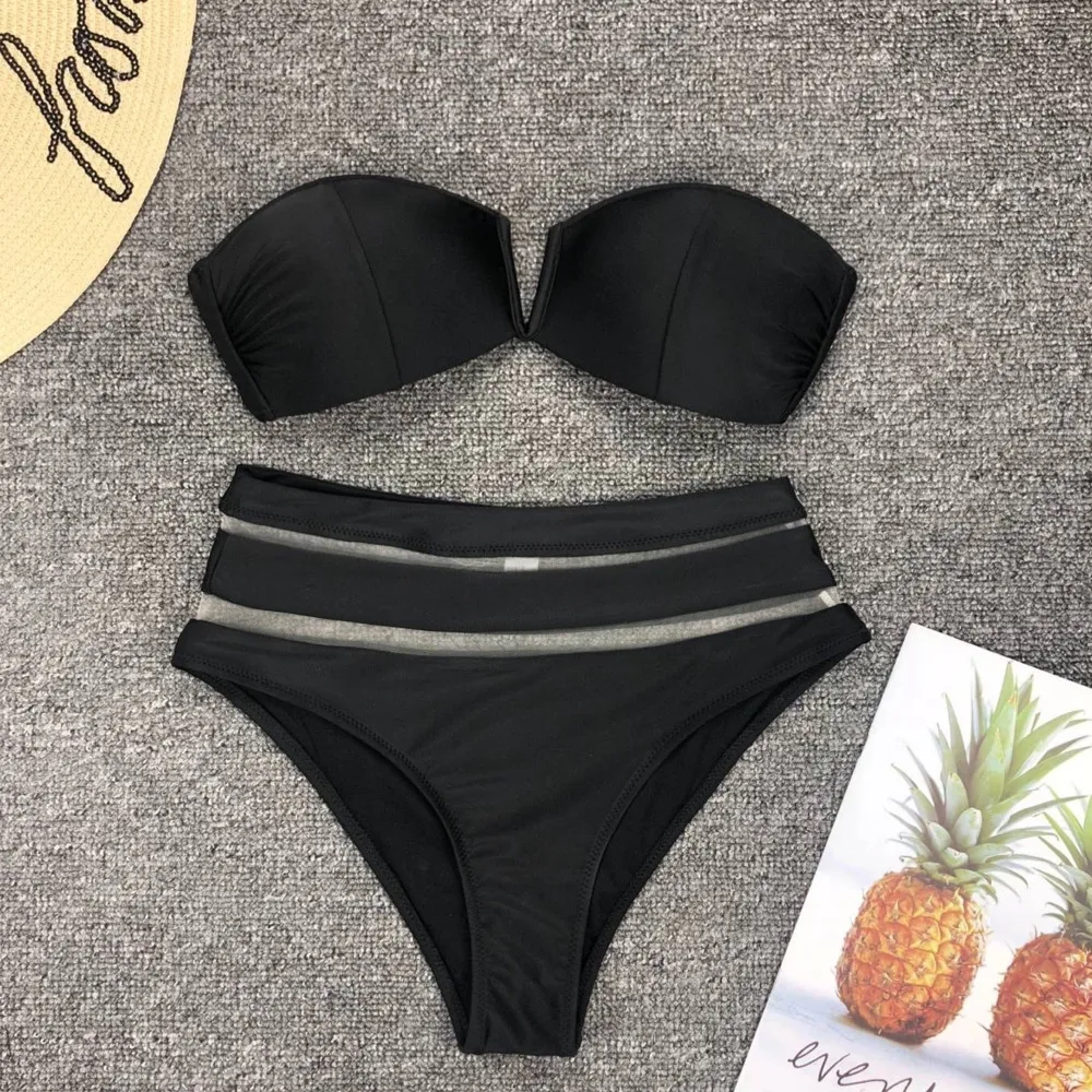 Swimming Swim Suit Women V Lead Gauze Split Joint Sexy High Waisted Bathing Suits Waist Strapless Bikini Woman Swimsuit